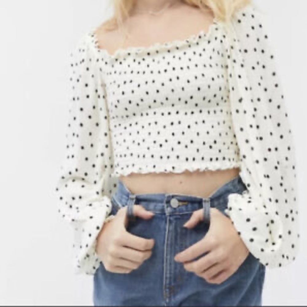 Urban Outfitters Cream/Black Polka Dot Ryan Smocked Long Sleeve Top